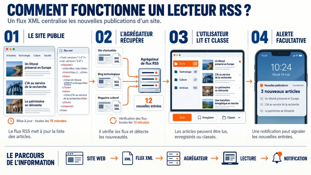Schéma du fonctionnement d’un lecteur de flux RSS en ligne entre site web, flux XML et agrégateur