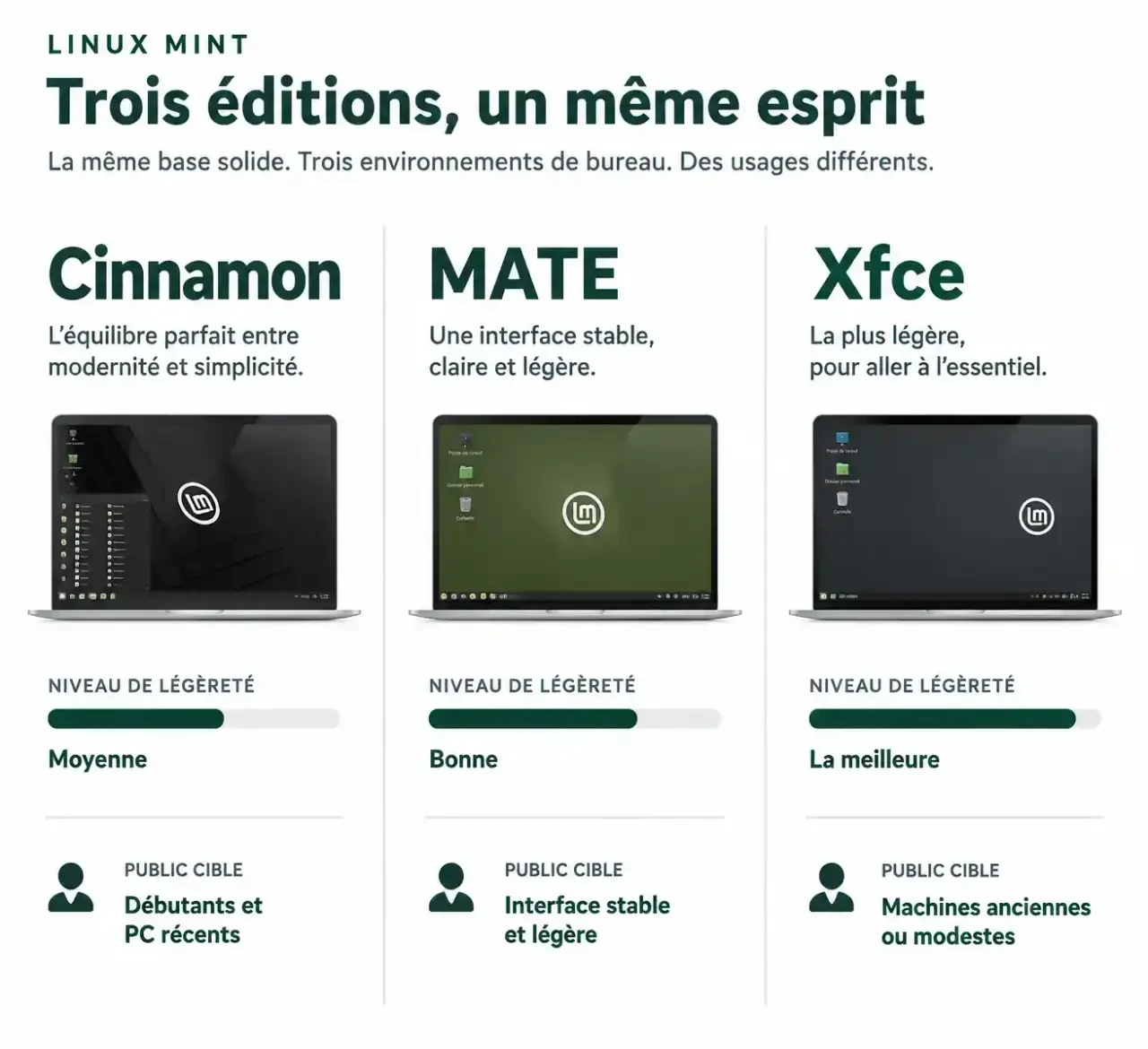 Comparatif des éditions Cinnamon, MATE et Xfce pour télécharger Linux Mint 64 bits en français (ISO)