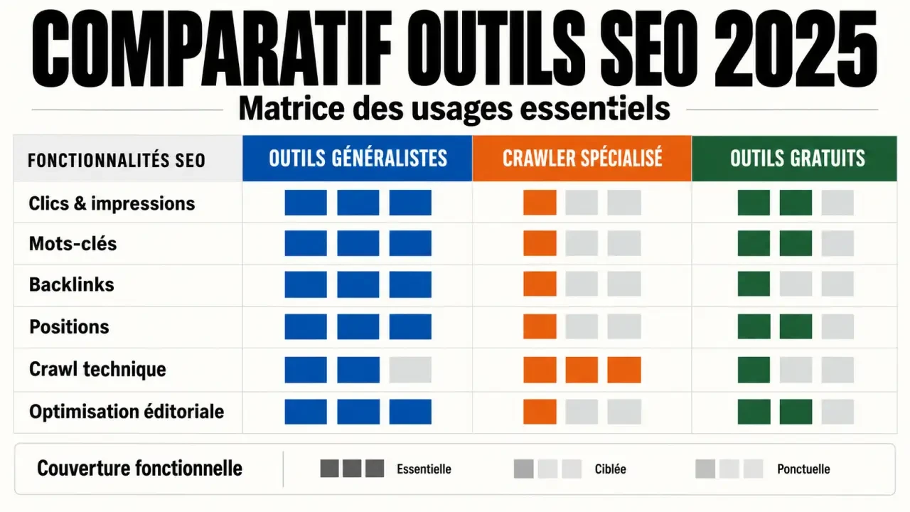 Infographie du comparatif outils SEO 2025 par fonctionnalités et usages